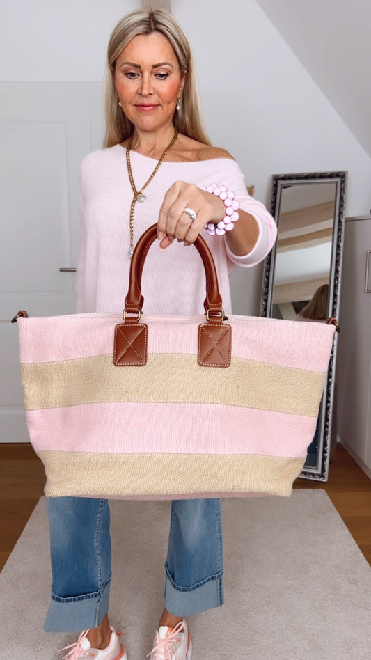 Tasche Vsolare – Große Leinentasche in Pink mit Echtleder-Details