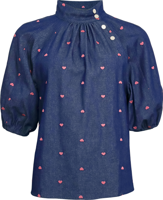 Costamani Bluse mit Herzstickerei in Denim-Blau – Dänisches Design mit femininer Raffinesse (Tatum Blouse)