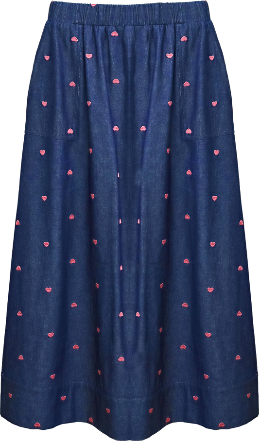 Costamani Midirock in Denim-Blau mit Herzstickerei – Feminines Design aus Dänemark (Tatum Skirt)