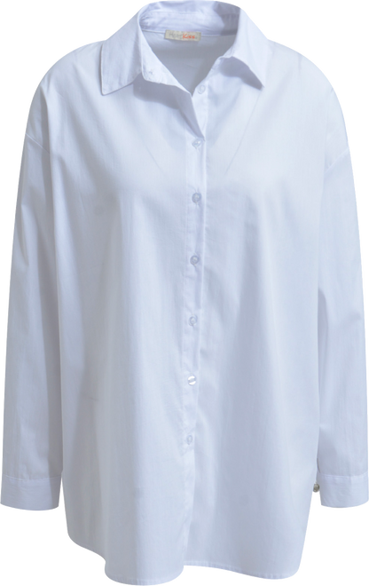 Heartkiss Oversize Bluse in Weiß – Zeitlose Damenbluse mit „PEACEFUL“ Statement