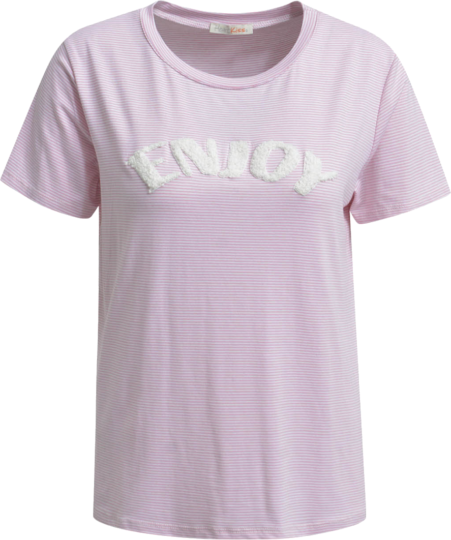 Heartkiss Damen T-Shirt „Enjoy“ – Rosa gestreiftes Shirt mit Statement-Schriftzug