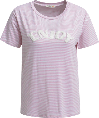Heartkiss Damen T-Shirt „Enjoy“ – Rosa gestreiftes Shirt mit Statement-Schriftzug