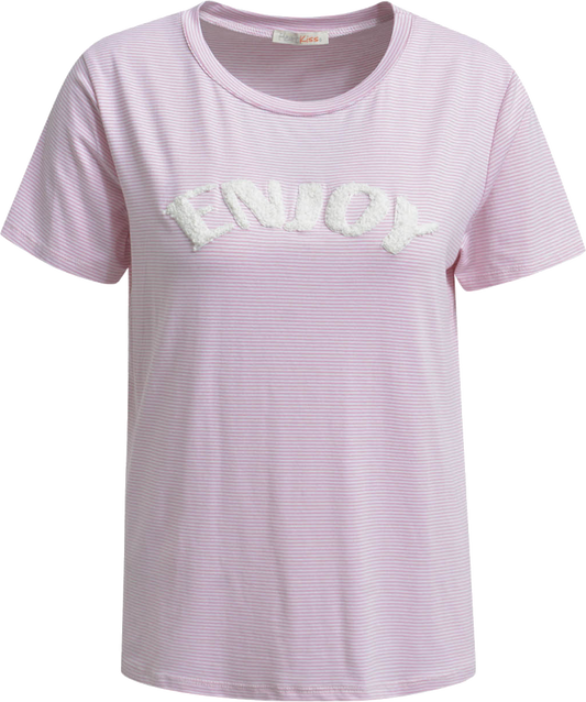 Heartkiss Damen T-Shirt „Enjoy“ – Rosa gestreiftes Shirt mit Statement-Schriftzug