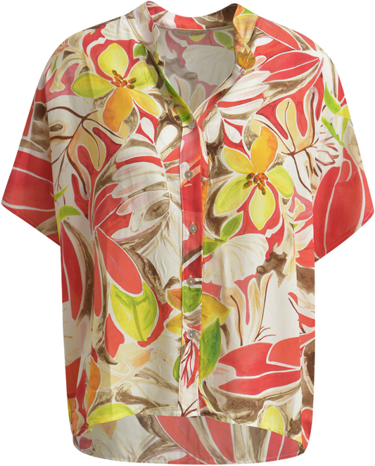 Heartkiss Damen Bluse mit floralem Print – Sommerliche Kurzarmbluse in Koralle & Grün