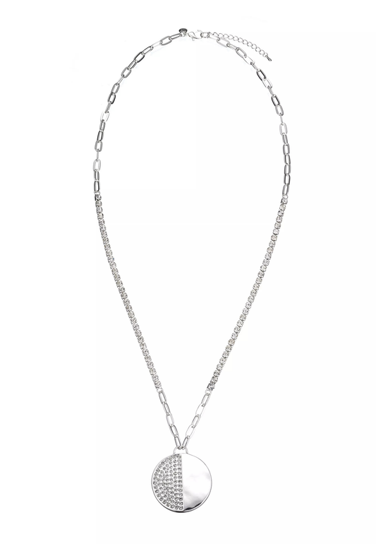 Leslii Damen Halskette mit Strass-Element & rundem Anhänger – Eleganter Statement-Schmuck in Silber-Optik