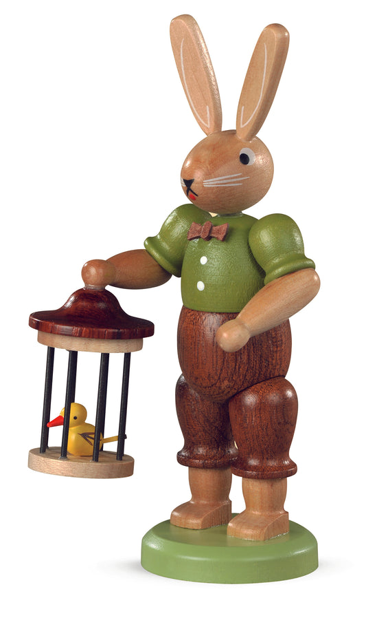 Osterhase mit Vogelkäfig – 11 cm – lasiert – Original von Müller Kleinkunst aus Seiffen