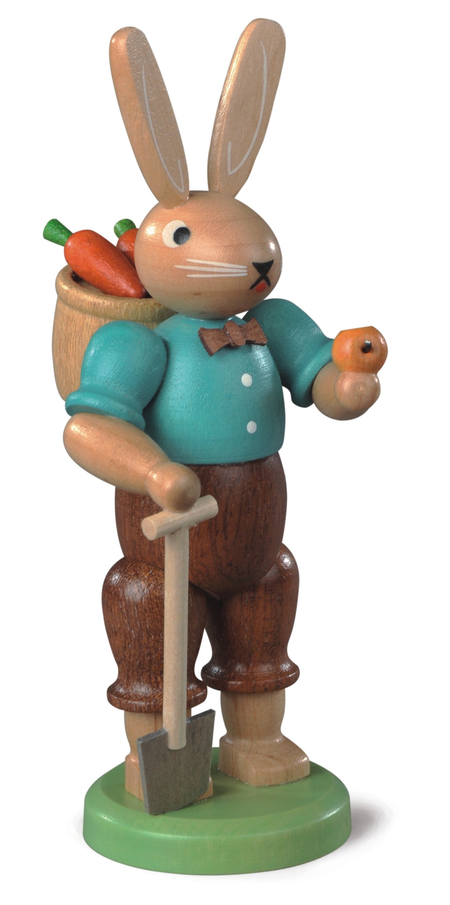 Osterhase mit Spaten & Karottenkorb – 11 cm – lasiert – Müller Kleinkunst Seiffen