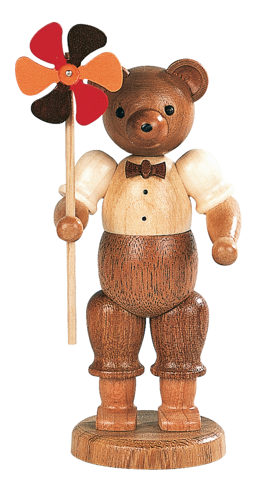 Bär mit Windrad – 11 cm Holzfigur von Müller Kleinkunst aus Seiffen