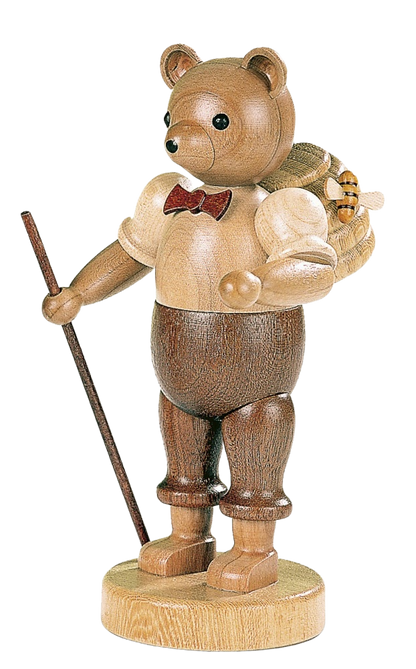 Bärenwanderer mit Stock und Rucksack – 15 cm Holzfigur von Müller Kleinkunst aus Seiffen