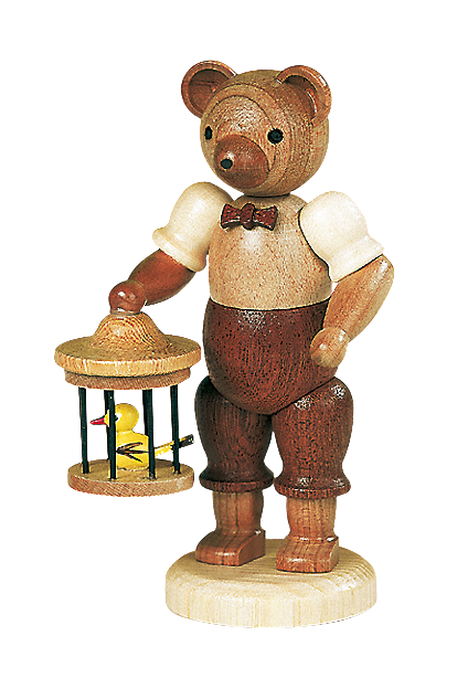 Bär mit Vogelkäfig – 10 cm Holzfigur von Müller Kleinkunst aus Seiffen