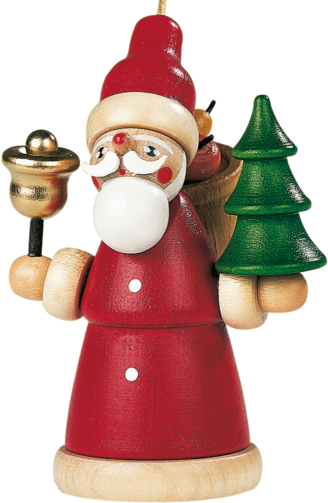 Christbaumschmuck Weihnachtsmann mit Glocke & Tannenbaum – 8 cm – Müller Kleinkunst Seiffen